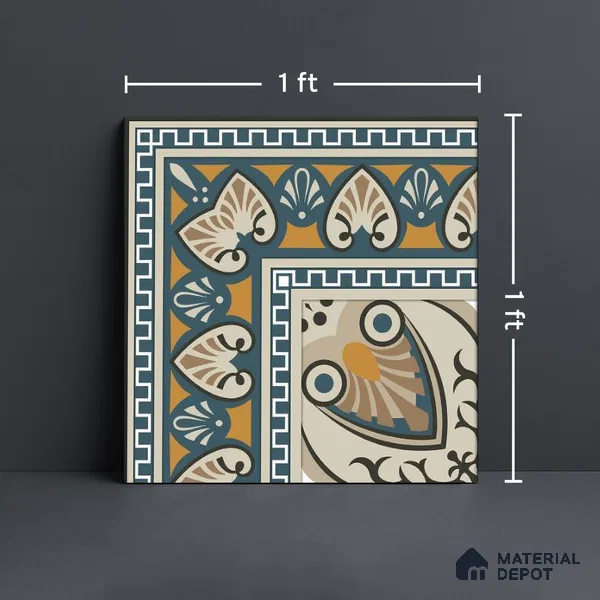 Moroccan Carpet Floor Tile TL 06683 Barcelona Ivory 1 ft x 1 ft Brown Ceramic Glue Matte Finish Corner Tile - 9 mm | Ideal for Living Room, Kitchen, Dining Area | Please Expect a Slight Variation of Pattern