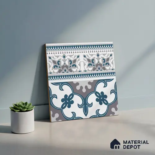 Moroccan Carpet Floor Tile TL 06682 B Barcelona Grenade 1 ft x 1 ft Blue Ceramic Glue Matte Finish Border Tile - 9 mm | Ideal for Living Room, Bedroom, Kitchen, Terrace, Balcony, Dining | Please Expect a Slight Variation of Pattern