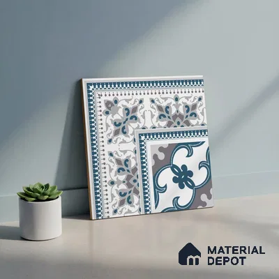 Moroccan Carpet Floor Tile TL 06682 Barcelona Grenade 1 ft x 1 ft Blue Ceramic Glue Matte Finish Corner Tile - 9 mm | Ideal for Living Room, Kitchen, Dining Area | Please Expect a Slight Variation of Pattern