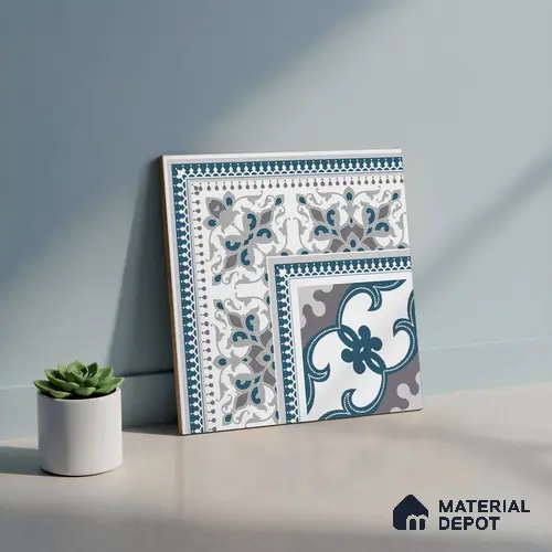 Moroccan Carpet Floor Tile TL 06682 Barcelona Grenade 1 ft x 1 ft Blue Ceramic Glue Matte Finish Corner Tile - 9 mm | Ideal for Living Room, Bedroom, Kitchen, Terrace, Balcony, Dining | Please Expect a Slight Variation of Pattern