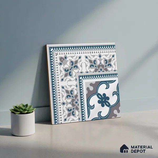 Moroccan Carpet Floor Tile TL 06682 Barcelona Grenade 1 ft x 1 ft Blue Ceramic Glue Matte Finish Corner Tile - 9 mm | Ideal for Living Room, Kitchen, Dining Area | Please Expect a Slight Variation of Pattern