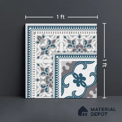 Moroccan Carpet Floor Tile TL 06682 Barcelona Grenade 1 ft x 1 ft Blue Ceramic Glue Matte Finish Corner Tile - 9 mm | Ideal for Living Room, Kitchen, Dining Area | Please Expect a Slight Variation of Pattern