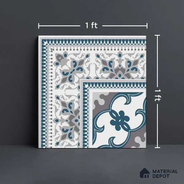 Moroccan Carpet Floor Tile TL 06682 Barcelona Grenade 1 ft x 1 ft Blue Ceramic Glue Matte Finish Corner Tile - 9 mm | Ideal for Living Room, Kitchen, Dining Area | Please Expect a Slight Variation of Pattern