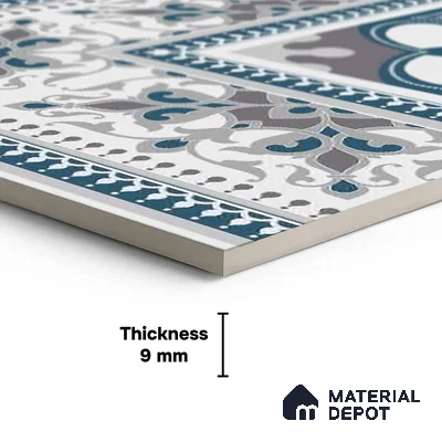 Moroccan Carpet Floor Tile TL 06682 Barcelona Grenade 1 ft x 1 ft Blue Ceramic Glue Matte Finish Corner Tile - 9 mm | Ideal for Living Room, Kitchen, Dining Area | Please Expect a Slight Variation of Pattern