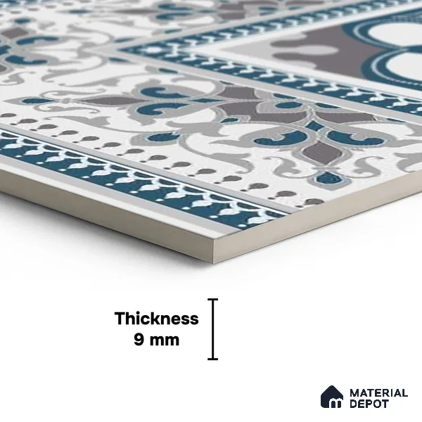 Moroccan Carpet Floor Tile TL 06682 Barcelona Grenade 1 ft x 1 ft Blue Ceramic Glue Matte Finish Corner Tile - 9 mm | Ideal for Living Room, Kitchen, Dining Area | Please Expect a Slight Variation of Pattern