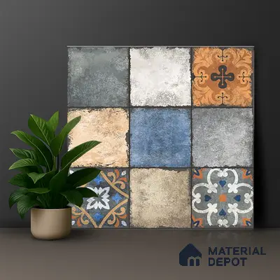 Moroccan Look Floor & Wall Tile TL 06010 Vintage Relic 2 ft x 2 ft Rustic Carving Matte Finish Vitrified Tile - 9 mm | 4 Random Design | Suitable For Living Room, Bedroom, Bathroom, Kitchen & Dining | Please Expect a Slight Variation of Pattern