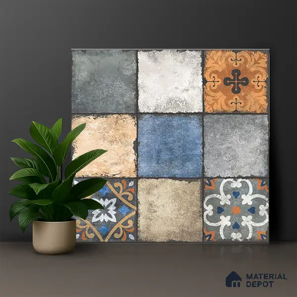 Moroccan Look Floor & Wall Tile TL 06010 Vintage Relic 2 ft x 2 ft Rustic Carving Matte Finish Vitrified Tile - 9 mm | 4 Random Design | Suitable For Living Room, Bedroom, Bathroom, Kitchen & Dining | Please Expect a Slight Variation of Pattern