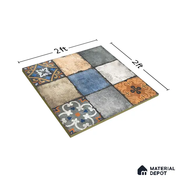 Moroccan Look Floor & Wall Tile TL 06010 Vintage Relic 2 ft x 2 ft Rustic Carving Matte Finish Vitrified Tile - 9 mm | 4 Random Design | Suitable For Living Room, Bedroom, Bathroom, Kitchen & Dining | Please Expect a Slight Variation of Pattern