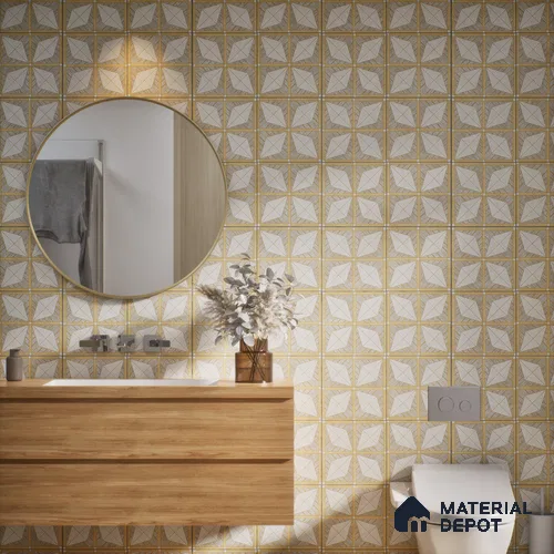 Moroccan Floor & Wall Tile TL 06075 Leora Gold 200 x 200 mm Vitrified Carving Matte Finish - 9 mm | Ideal For Living Room, Bathroom, Kitchen | 2 mm Spacer is Mandatory | Please Expect a Slight Variation of Pattern