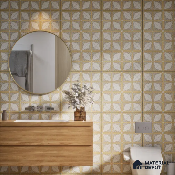 Moroccan Floor & Wall Tile TL 06075 Leora Gold 200 x 200 mm Vitrified Carving Matte Finish - 9 mm | Ideal For Living Room, Bathroom, Kitchen | 2 mm Spacer is Mandatory | Please Expect a Slight Variation of Pattern