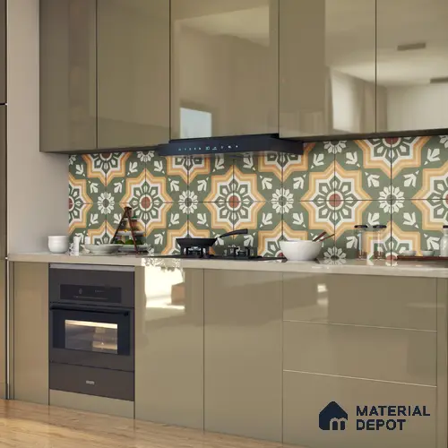 Moroccan Floor & Wall Athangudi Tile TL 05441 Morissa Green Rangoli 1 ft x 1 ft Ceramic Matte Finish - 7.5 mm | Suitable for Bathroom, Kitchen, Balcony | Please Expect a Slight Variation of Pattern