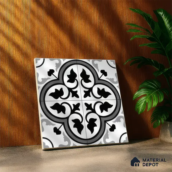 Moroccan Floor & Wall Tile TL 05437 Morissa Monochrome Feuille 1 ft x 1 ft Ceramic Matte Finish - 7.5 mm | Suitable for Bathroom, Kitchen, Balcony | Please Expect a Slight Variation of Pattern