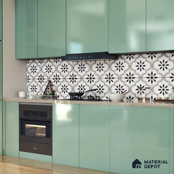 Moroccan Floor & Wall Tile TL 05428 Morissa Monochrome Floral 1 ft x 1 ft Ceramic Matte Finish - 7.5 mm | Suitable for Bathroom, Kitchen, Balcony | Please Expect a Slight Variation of Pattern (Sample)