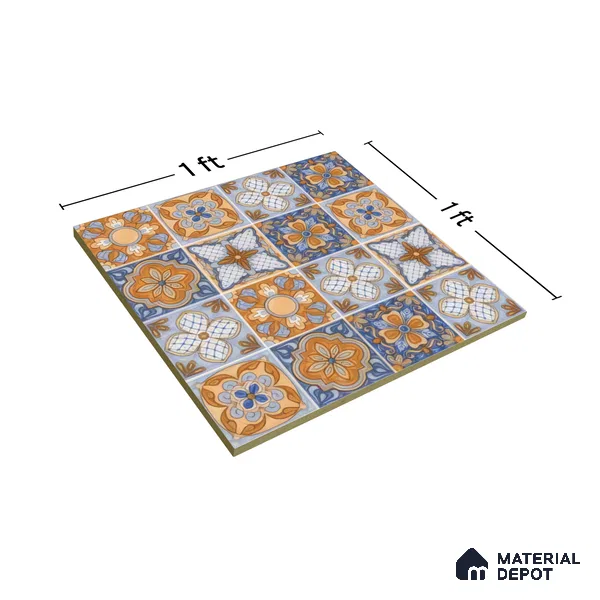 Moroccan Floor & Wall Tile TL 05427 Morissa Saffron Blue 1 ft x 1 ft Ceramic Matte Finish - 7.5 mm | Suitable for Bathroom, Kitchen, Balcony | Please Expect a Slight Variation of Pattern