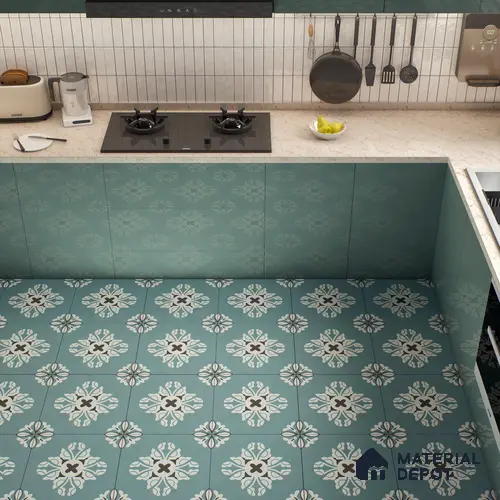 Multifired Moroccan Floor & Wall Tile TL 05718 Zellige Turquoise Bloom 1 ft x 1 ft Vitrified Matte Finish - 9 mm | Suitable for Bathroom, Kitchen & Backsplash