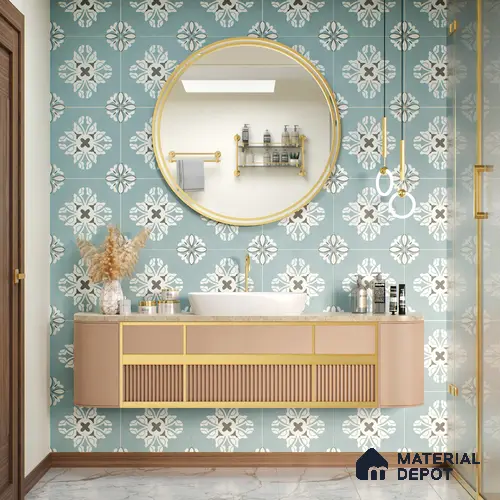 Multifired Moroccan Floor & Wall Tile TL 05718 Zellige Turquoise Bloom 1 ft x 1 ft Vitrified Matte Finish - 9 mm | Suitable for Bathroom, Kitchen & Backsplash