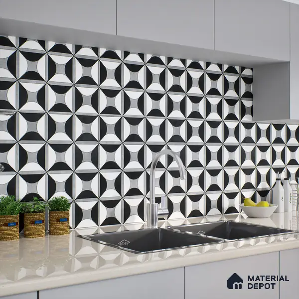 Black Moroccan Floor & Wall Tile TL 06852 Lustra Monocrome Noir & Light 2 ft x 2 ft Vitrified Carving Matte Finish - 9 mm | Suitable for Kitchen, Bathroom, Dining Area | Please Expect a Slight Variation of Pattern