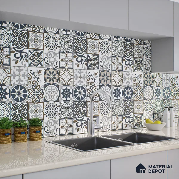 Moroccan Floor & Wall Tile TL 04670 C Florencia Cold Deco Gray 2 ft x 2 ft -  Porcelain Matte Finish 8 mm | Suitable for Kitchen, Bathroom, Dining Area | Please Expect a Slight Variation of Pattern (Sample)
