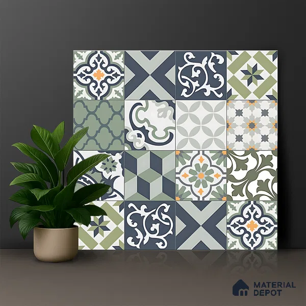 Moroccan Floor & Wall Tile TL 04670 E Florencia Flora Green 2 ft x 2 ft -  Porcelain Matte Finish 8 mm | Suitable for Kitchen, Bathroom, Dining Area | Please Expect a Slight Variation of Pattern