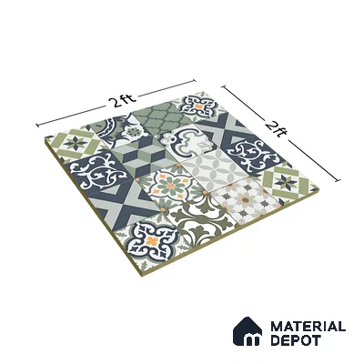 Moroccan Floor & Wall Tile TL 04670 E Florencia Flora Green 2 ft x 2 ft -  Porcelain Matte Finish 8 mm | Suitable for Kitchen, Bathroom, Dining Area | Please Expect a Slight Variation of Pattern