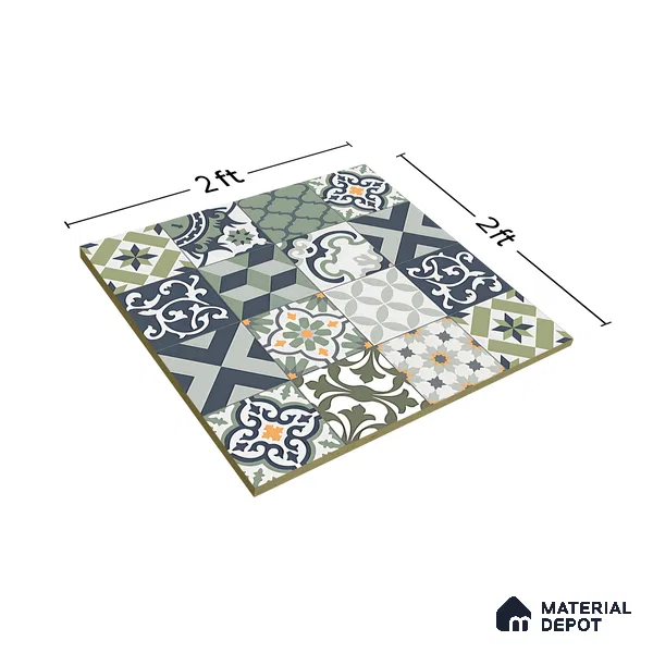 Moroccan Floor & Wall Tile TL 04670 E Florencia Flora Green 2 ft x 2 ft -  Porcelain Matte Finish 8 mm | Suitable for Kitchen, Bathroom, Dining Area | Please Expect a Slight Variation of Pattern