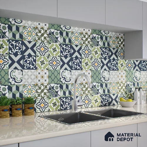 Moroccan Floor & Wall Tile TL 04670 E Florencia Flora Green 2 ft x 2 ft -  Porcelain Matte Finish 8 mm | Suitable For Kitchen, Balcony, Dining Area | Please Expect a Slight Variation of Pattern