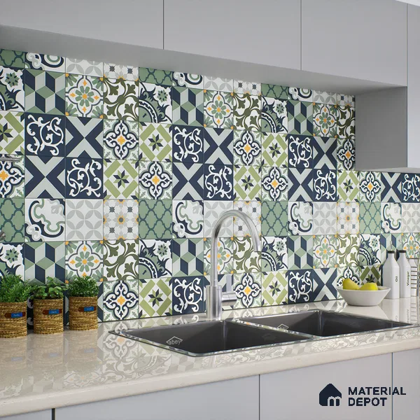 Moroccan Floor & Wall Tile TL 04670 E Florencia Flora Green 2 ft x 2 ft -  Porcelain Matte Finish 8 mm | Suitable for Kitchen, Bathroom, Dining Area | Please Expect a Slight Variation of Pattern