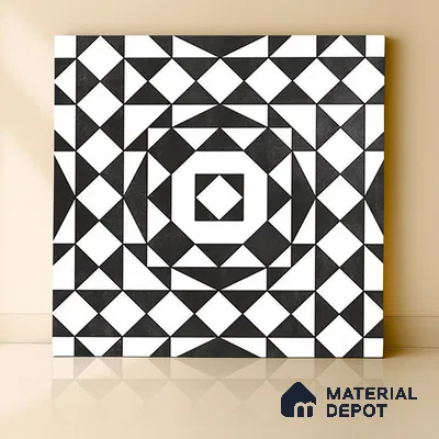 Black Moroccan Floor & Wall Tile TL 06813 Lustra Monochrome Noir Chess 2 ft x 2 ft Vitrified Carving Matte Finish - 9 mm | Suitable for Kitchen, Bathroom, Dining Area | Please Expect a Slight Variation of Pattern