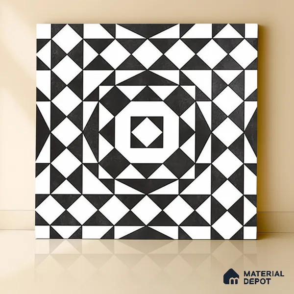 Black Moroccan Floor & Wall Tile TL 06813 Lustra Monochrome Noir Chess 2 ft x 2 ft Vitrified Carving Matte Finish - 9 mm | Suitable for Kitchen, Bathroom, Dining Area | Please Expect a Slight Variation of Pattern
