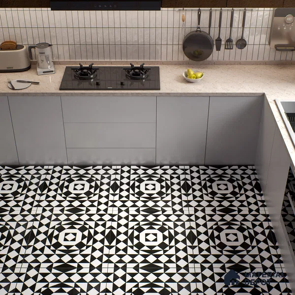 Black Moroccan Floor & Wall Tile TL 06813 Lustra Monochrome Noir Chess 2 ft x 2 ft Vitrified Carving Matte Finish - 9 mm | Suitable for Kitchen, Bathroom, Dining Area | Please Expect a Slight Variation of Pattern