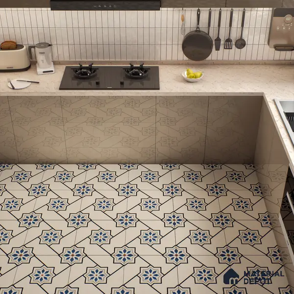 Moroccan Floor & Wall Athangudi Tile TL 04791 Zellige Beige Star Multi Colour 1 ft x 1 ft Vitrified Matte Finish - 11 mm | Suitable for Kitchen, Bathroom, Balcony | Please Expect a Slight Variation of Pattern