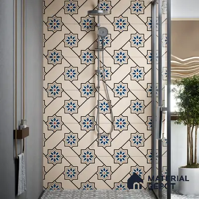 Moroccan Floor & Wall Athangudi Tile TL 04791 Zellige Beige Star Multi Colour 1 ft x 1 ft Vitrified Matte Finish - 11 mm | Suitable for Kitchen, Bathroom, Balcony | Please Expect a Slight Variation of Pattern