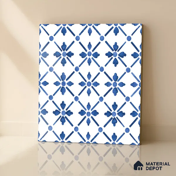 Moroccan Floor & Wall Tile TL 05053 Morissa Azure Blue Floral 1 ft x 1 ft Ceramic Matte Finish - 8 mm | Suitable for Bathroom, Kitchen,  Balcony | Please Expect a Slight Variation of Pattern
