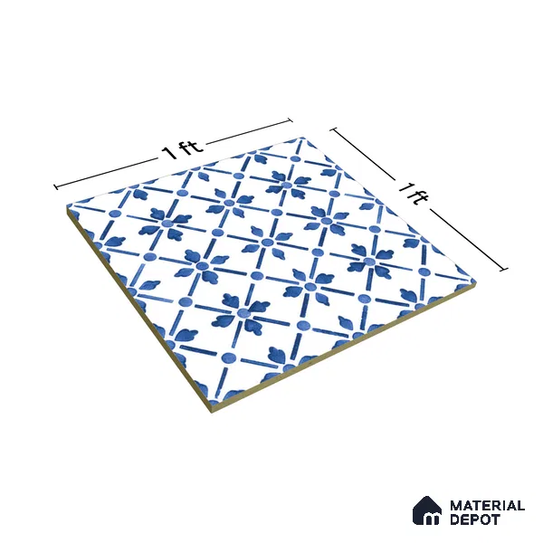 Moroccan Floor & Wall Tile TL 05053 Morissa Azure Blue Floral 1 ft x 1 ft Ceramic Matte Finish - 8 mm | Suitable for Bathroom, Kitchen,  Balcony | Please Expect a Slight Variation of Pattern