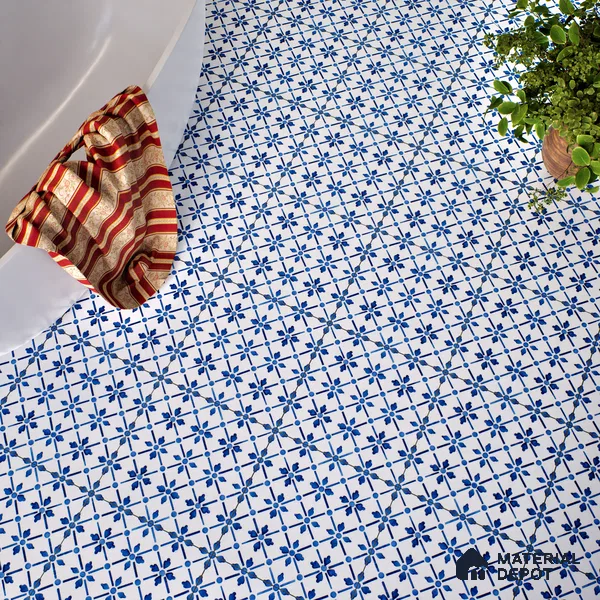 Moroccan Floor & Wall Tile TL 05053 Morissa Azure Blue Floral 1 ft x 1 ft Ceramic Matte Finish - 8 mm | Suitable for Bathroom, Kitchen,  Balcony | Please Expect a Slight Variation of Pattern