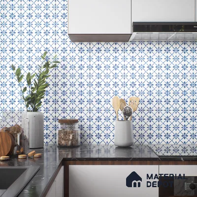 Moroccan Floor & Wall Tile TL 05053 Morissa Azure Blue Floral 1 ft x 1 ft Ceramic Matte Finish - 8 mm | Suitable for Bathroom, Kitchen,  Balcony | Please Expect a Slight Variation of Pattern