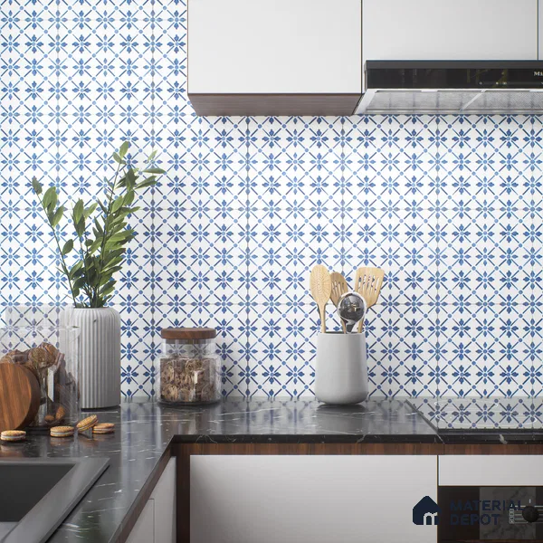 Moroccan Floor & Wall Tile TL 05053 Morissa Azure Blue Floral 1 ft x 1 ft Ceramic Matte Finish - 8 mm | Suitable for Bathroom, Kitchen,  Balcony | Please Expect a Slight Variation of Pattern