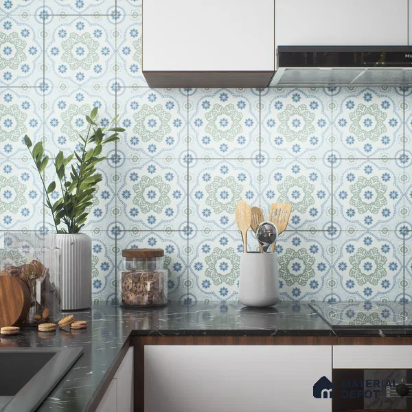 Moroccan Floor & Wall Tile TL 05062 B Morissa Ink Blue Floral 1 ft x 1 ft Ceramic Matte Finish - 8 mm | Suitable for Bathroom, Kitchen,  Balcony | Please Expect a Slight Variation of Pattern
