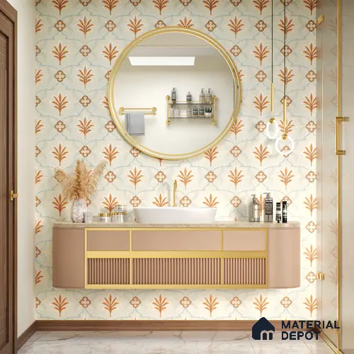Floral Wall Tile TL 05074 Morissa Marrakech Feather 1 ft x 1 ft Ceramic Matte Finish - 8 mm | Suitable for Bathroom, Kitchen & Balcony | Please Expect a Slight Variation of Pattern