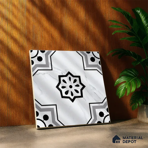 Moroccan Floor & Wall Tile TL 05076 Morissa Monochrome Marbello 1 ft x 1 ft Ceramic Matte Finish - 8 mm | Suitable for Bathroom, Kitchen,  Balcony | Please Expect a Slight Variation of Pattern (Sample)
