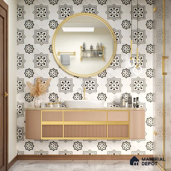 Moroccan Floor & Wall Tile TL 05076 Morissa Monochrome Marbello 1 ft x 1 ft Ceramic Matte Finish - 8 mm | Suitable for Bathroom, Kitchen,  Balcony | Please Expect a Slight Variation of Pattern (Sample)