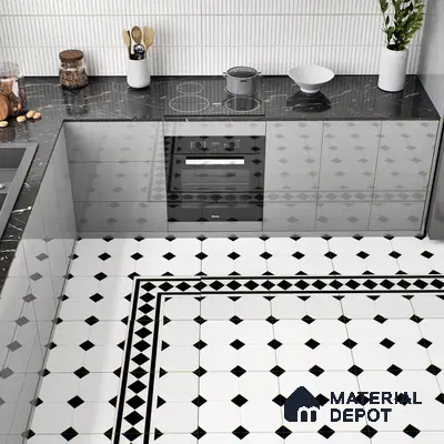 Eclectic Bathroom Walkthrough with pink square wall tiles, floral mural wallpaper, and black-and-white geometric floor tiles