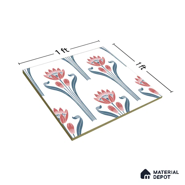 Floral Wall Tile TL 05072 Morissa Red Lotus 1 ft x 1 ft Ceramic Matte Finish - 8 mm | Suitable for Bathroom, Kitchen & Balcony | Please Expect a Slight Variation of Pattern (Sample)