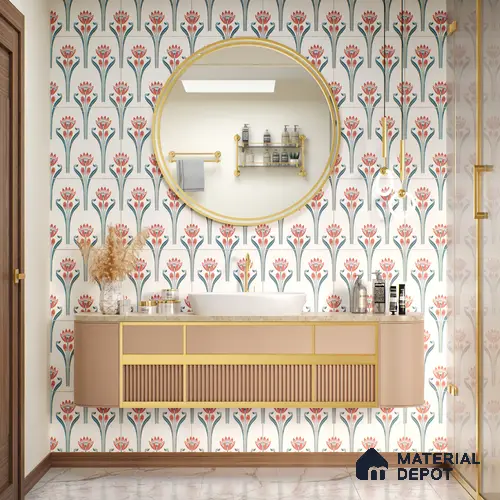 Floral Wall Tile TL 05072 Morissa Red Lotus 1 ft x 1 ft Ceramic Matte Finish - 8 mm | Suitable for Bathroom, Kitchen & Balcony | Please Expect a Slight Variation of Pattern