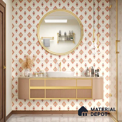 Eclectic Bathroom Walkthrough with pink hexagonal wall tiles, nature-themed wallpaper, and patterned floor tiles