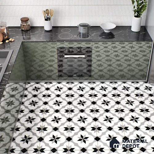 Moroccan Tile TL 05209 Zellige Grey Floral Multi Colour 1 ft x 1 ft Vitrified Matte Finish - 9 mm | Suitable for Kitchen, Bathroom, Balcony Floor & Wall | Please Expect a Slight Variation of Pattern