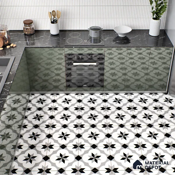 Moroccan Tile TL 05209 Zellige Grey Floral Multi Colour 1 ft x 1 ft Vitrified Matte Finish - 9 mm | Suitable for Kitchen, Bathroom, Balcony Floor & Wall | Please Expect a Slight Variation of Pattern (Sample)