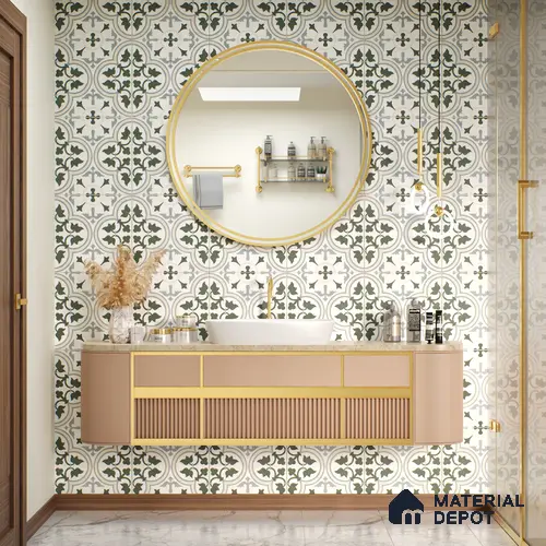 Moroccan Tile TL 05175 Zellige Green Floral Multi Colour 1 ft x 1 ft Vitrified Matte Finish - 9 mm | Suitable for Kitchen, Bathroom, Balcony Floor & Wall | Please Expect a Slight Variation of Pattern