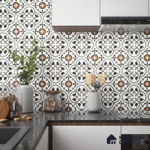 Moroccan Tile TL 05184 Zellige Grey Liner Floral Multi Colour 1 ft x 1 ft Vitrified Matte Finish - 9 mm | Suitable for Kitchen, Bathroom, Balcony Floor & Wall | Please Expect a Slight Variation of Pattern