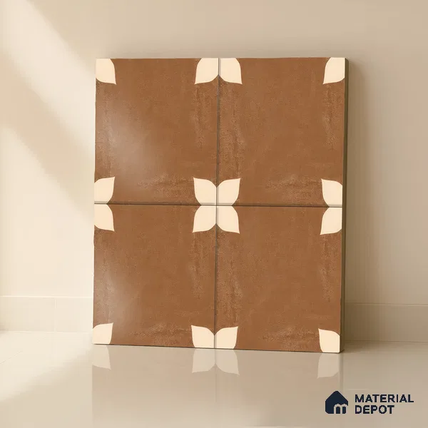 Moroccan Wall & Floor Athangudi Tile TL 05859 B Zellige Terracotta Floral Brown 1 ft x 1 ft Vitrified Matte Finish - 9 mm | Suitable for Bathroom, Kitchen, Balcony | Please Expect a Slight Variation of Pattern (Sample)